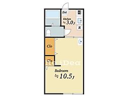 第1白王ハイツ 2階1Kの間取り