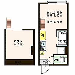 フェリス・ソレイユ壱番館 2階ワンルームの間取り