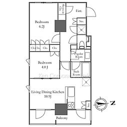 ザ・パークハビオ麻布十番 13階2LDKの間取り