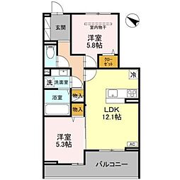 D-ROOM八幡町 3階2LDKの間取り