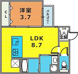 リアンデ脇浜 3階1LDKの間取り