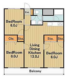 京王相模原線 南大沢駅 徒歩18分の賃貸マンション 3階3LDKの間取り