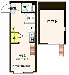 Ｐａｒｔｉｒｅ Ｎａｋａｎｏ 1階ワンルームの間取り