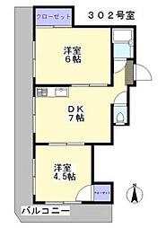 エーワンレジデンス 3階2DKの間取り