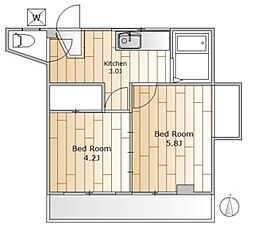東急大井町線 緑が丘駅 徒歩2分の賃貸マンション 4階2Kの間取り