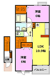 JR水戸線 新治駅 徒歩6分の賃貸アパート 2階2LDKの間取り