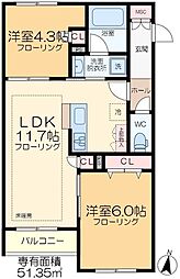 ＯｐｕｓIIIＵｍｅｊｉｍａ 3階2LDKの間取り