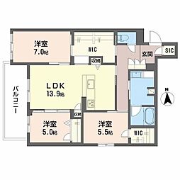 フレシア天王寺南棟 2階3LDKの間取り