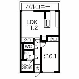 アサヒレジデンス 2階1LDKの間取り