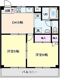 グリーンハイツ河原 2DKの間取図画像