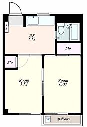 吉岡マンション 3階2DKの間取り