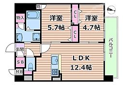 JR片町線(学研都市線) 徳庵駅 徒歩10分の賃貸マンション 3階2LDKの間取り