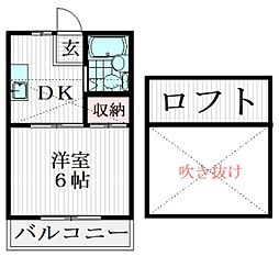 東村山YKハイツ 2階1DKの間取り