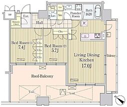 東京メトロ日比谷線 八丁堀駅 徒歩6分の賃貸マンション 11階2LDKの間取り