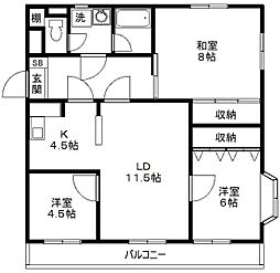 サーパス上さぎ 1号館 2階3LDKの間取り