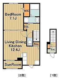JR横浜線 相原駅 徒歩14分の賃貸アパート 2階1LDKの間取り