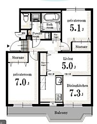 入間ビレジ2号棟 2LDKの間取図画像