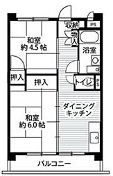 ビレッジハウス向台タワー1号棟 2階2DKの間取り