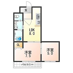 グラン・リヴィエール西京極 2階2LDKの間取り