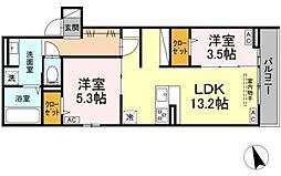 JR中央線 三鷹駅 徒歩16分の賃貸アパート 3階2LDKの間取り