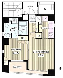 コートラクリア日本橋 9階1LDKの間取り