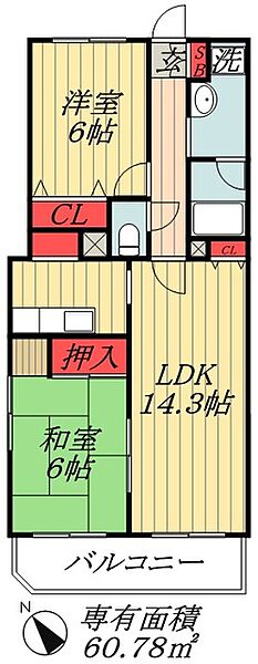 千葉県市川市妙典５丁目(賃貸マンション2LDK・4階・60.78㎡)の写真 その2