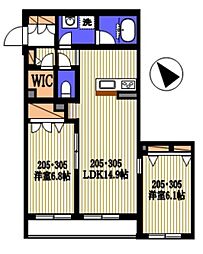 ロワゾーブルー 2階2LDKの間取り