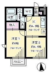 京王線 聖蹟桜ヶ丘駅 徒歩17分の賃貸アパート 1階2Kの間取り