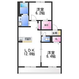 シャーメゾン鈴の宮 1階2LDKの間取り