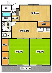 サンハイツ小郡 3階3DKの間取り