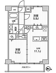 ジェノヴィア三ノ輪スカイガーデン 9階2LDKの間取り