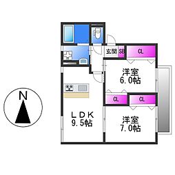 カーサ・ジュネスB棟 2DKの間取図画像