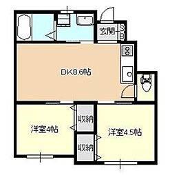 エフプレスト土支田B棟 1階2DKの間取り