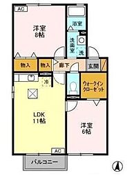 リヴェール A 1階2LDKの間取り