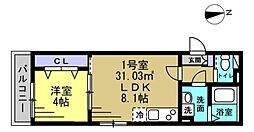 パルブニール浜野 2階1LDKの間取り