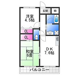 グレース津久野1 2DKの間取図画像