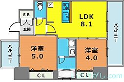 エステムプラザ神戸三宮ルクシア 9階2LDKの間取り