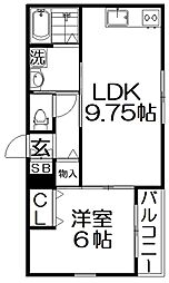 グランシャリオ招提3 1階1LDKの間取り