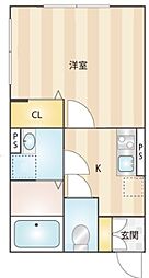 ヒルズ松戸 1階1Kの間取り