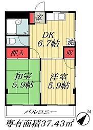 東京メトロ東西線 浦安駅 徒歩18分の賃貸マンション 2階2DKの間取り