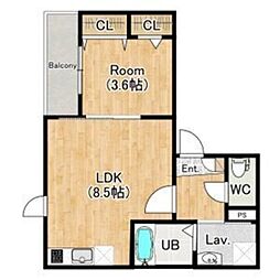 ザカラー東本町B棟 2階1LDKの間取り