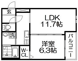 フジパレス上神田II番館 1階1LDKの間取り