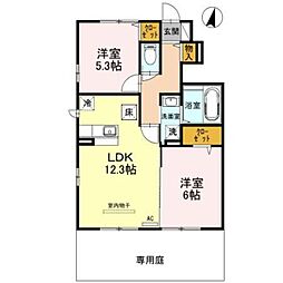 JR青梅線 拝島駅 徒歩17分の賃貸アパート 1階2LDKの間取り