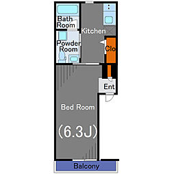 ディアコート不動前 2階1Kの間取り