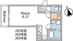 ウィンドテラス四ツ木 3階ワンルームの間取り