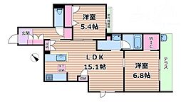 阪急京都本線 上新庄駅 徒歩5分の賃貸マンション 1階2LDKの間取り