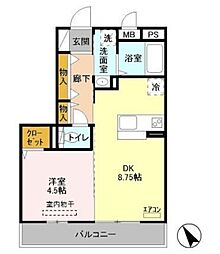 オークヒルズ2 1DKの間取図画像