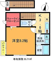 クローバー5番館 2階1Kの間取り