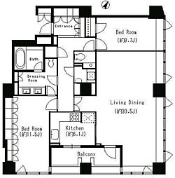 パークキューブ目黒タワー 19階2LDKの間取り