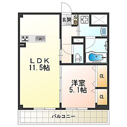 ペリドット長居公園 5階1LDKの間取り